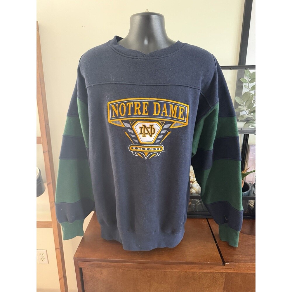 Vintage 90s Notre Dame Fighting Irish Embroidered Sweatshirt Navy Green XL